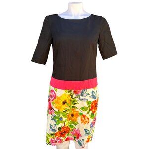 Eliza J Black & Floral Dress With Pink Waistband Polyester Womens S